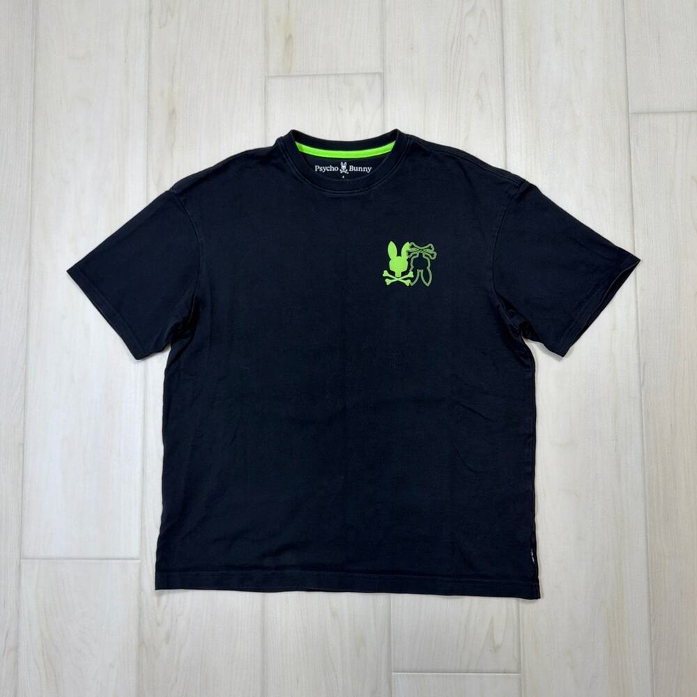 Psycho Bunny Black Neon Lime Twin Double Bunny Logo Short Sleeve Tee Size 4